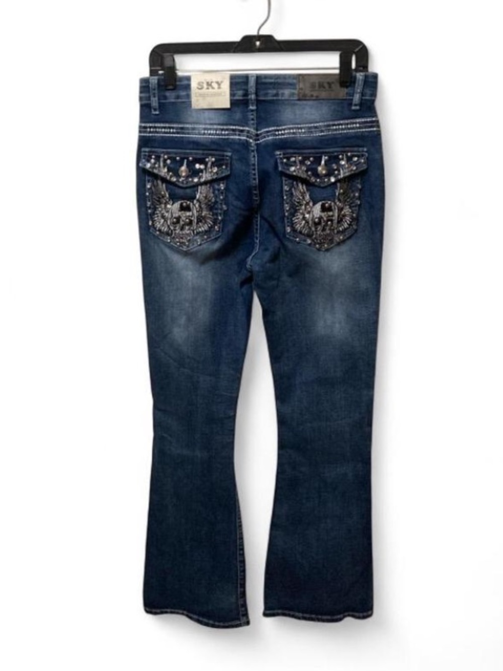 Sky Dark Blue Flare Jeans with Embellished Pockets